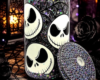 Jack Skellington Snowglobe Tumbler | Holographic Glitter Halloween Cup | Rhinestone Lid
