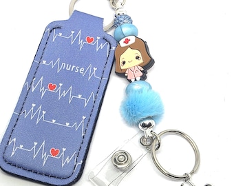 Glitter Nurse Badge Reel with Lip Balm Holder | Medical Field ID Clip | Beaded