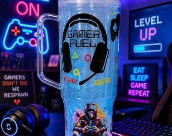 Gamer Fuel 40oz Tumbler – Retro Arcade Gaming Cup, Blue Shimmer Drinkware