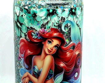 Handmade Ariel Snow Globe Tumbler | Glitter Can Cup with Decorative Lid