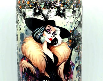 Disney Villain Cruella DeVille Inspired Black and Metallic Glitter 16oz Snowglobe Tumbler