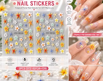2 adesivi per unghie 3D a forma di stella marina, decorazioni floreali tropicali, nail art estiva kawaii, manicure fai da te autoadesiva