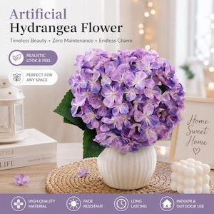 May include: An artificial hydrangea flower arrangement with purple and blue petals in a white ribbed ceramic vase. The text reads Artificial Hydrangea Flower, Timeless Beauty, Zero Maintenance, Endless Charm, Realistic Look & Feel, Perfect For Any Space, High Quality Material, Fade Resistant, Long Lasting, Indoor & Outdoor Use.