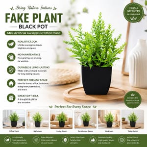 Puede incluir: Una mini planta artificial de eucalipto en una maceta cuadrada negra. El texto dice: Bring Nature Indoors, FAKE PLANT BLACK POT, Mini Artificial Eucalyptus Potted Plant, REALISTIC LOOK, NO MAINTENANCE, DURABLE & LONG-LASTING, PERFECT FOR ANY SPACE, GREAT GIFT IDEA, FRESH GREENERY y Perfect For Every Space.