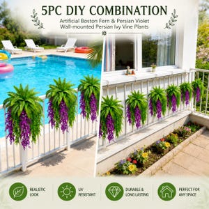 May include: A 5-piece DIY combination set of artificial Boston fern and Persian violet wall-mounted Persian ivy vine plants. The green foliage and purple flowers are displayed hanging from a white railing, featuring a realistic look.