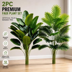 Könnte beinhalten: Ein 2-teiliges Premium-Kunstpflanzen-Set bestehend aus einer künstlichen Palme und einem Bananenbaum. Der Text lautet 2PC PREMIUM FAUX PLANT SET, ARTIFICIAL PALM & BANANA TREE, REALISTIC LOOK, HIGH QUALITY, PERFECT FOR HOME & HOTEL, 12 LEAVES, NO POT INCLUDED.