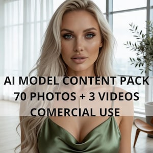 May include: A woman with long blonde hair wearing a green satin top. The image includes text that reads "AI MODEL CONTENT PACK 70 PHOTOS + 3 VIDEOS COMERCIAL USE". A plant and a wooden chair are visible in the background.