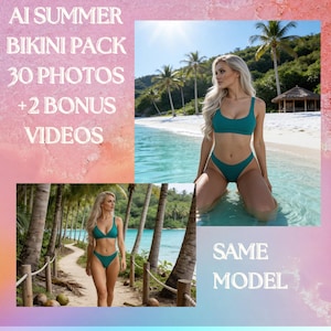 Op de afbeelding: De afbeelding toont een turquoise bikiniset in een tropische omgeving. De tekst luidt: "AI SUMMER BIKINI PACK 30 PHOTOS +2 BONUS VIDEOS". De woorden "SAME MODEL" zijn ook zichtbaar.