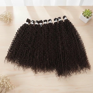 Puede incluir: Extensiones de cabello rizado afro kinky marrón oscuro. Las extensiones están agrupadas con hilo blanco. El cabello está dispuesto sobre una superficie de madera clara. Una pequeña planta suculenta en una maceta blanca está en el fondo.