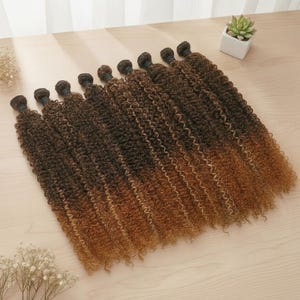 Peut inclure: Plusieurs extensions de cheveux bouclés, brunes et blondes. Les mèches sont disposées en rangée, les racines plus foncées se fondant dans des pointes blondes dorées. Vue de dessus.