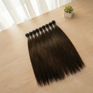 Peut inclure: Plusieurs paquets d'extensions de cheveux brun foncé sont disposés sur une surface en bois clair. Chaque paquet est noué en haut, avec de longues mèches raides qui s'écoulent vers le bas. Un petit pot de succulente est visible.