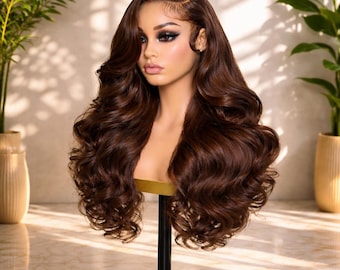 Chocolate Brown Body Wave Lace Front Wig 13x6 HD Frontal Brazilian  Human Hair Glueless Pre Plucked Long Waves 220 Density Natural Hairline