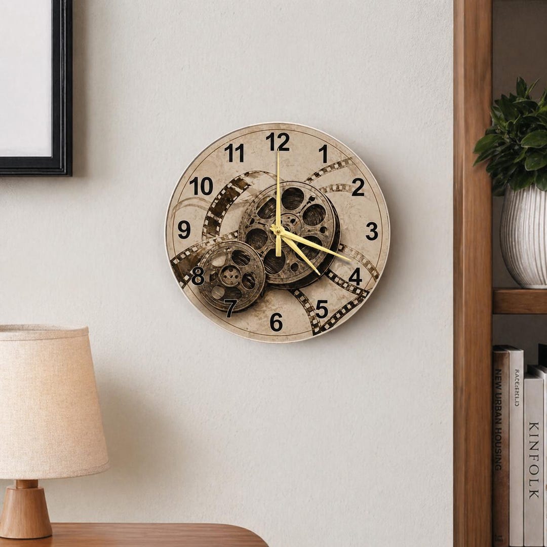 Movie Reference Clock Cinematic Film Reel Glass Wall Clock, Vintage Movie Night Art, Round ...