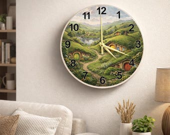 Reloj de cristal artístico de las encantadoras colinas de los hobbits / Decoración de pared con paisaje de Nueva Zelanda