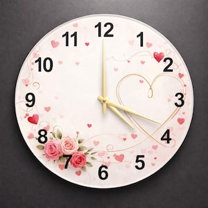Może przedstawiać: Okrągły zegar ścienny z białą tarczą z czarnymi cyframi, złotymi wskazówkami i wzorem w kształcie serca. Różowe serca i róże zdobią tarczę zegara. Zegar jest przedmiotem dekoracyjnym.