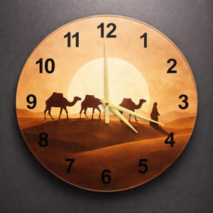 May include: Round wall clock with a desert scene featuring camels and a figure walking in the sand. The clock face has black numerals and gold-colored hands. The background is a warm, sunset-like color.
