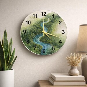 May include: Circular wall clock with a landscape design. The clock face shows a river winding through a green forest, with black numerals and yellow hands. The clock is mounted on a light-coloured wall.