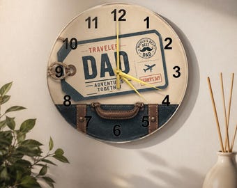 Vintage Luggage Tag Glass Clock, Wanderlust Map Wall Art, Traveler Dad Gift, Round Travel Decor