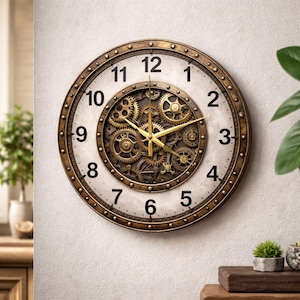 Puede incluir: Un reloj de pared redondo con un diseño steampunk. El reloj presenta una esfera blanca con números negros y manecillas doradas. El centro del reloj muestra engranajes visibles. El reloj está encerrado en un marco de metal color bronce.