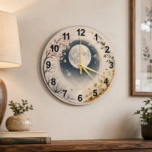 Celestial Lunar Cycle Glass Clock, Silent Moon Phase Wall Art, Minimalist Round Timepiece for Celestial Home Decor