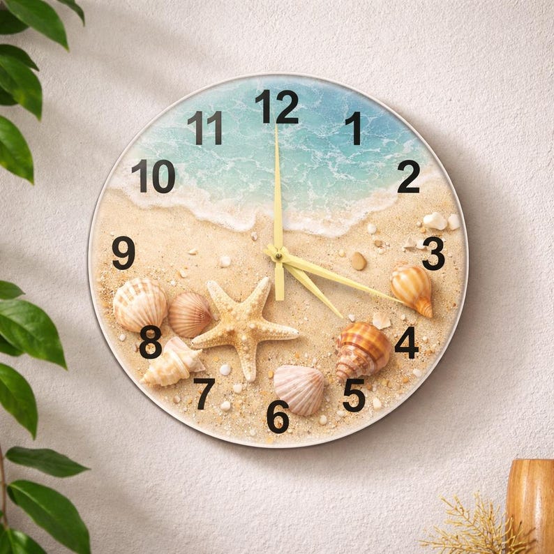Coastal Seashell Glass Wall Clock | Round Beach House Decor | Ocean ...