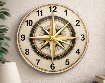 Nautical Compass Glass Clock, Coastal Sailor Home Decor, Unique Ocean Theme Wall Art Gift
