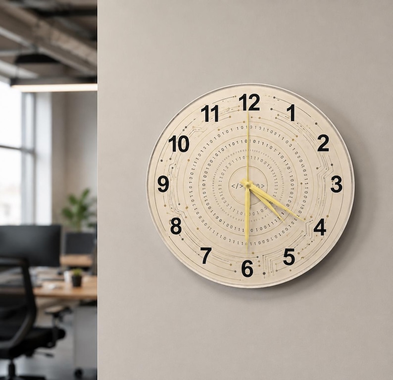 May include: A round wall clock with a cream-colored face and black numerals. The clock features a circuit board design with binary code and yellow hands. The clock is mounted on a gray wall.