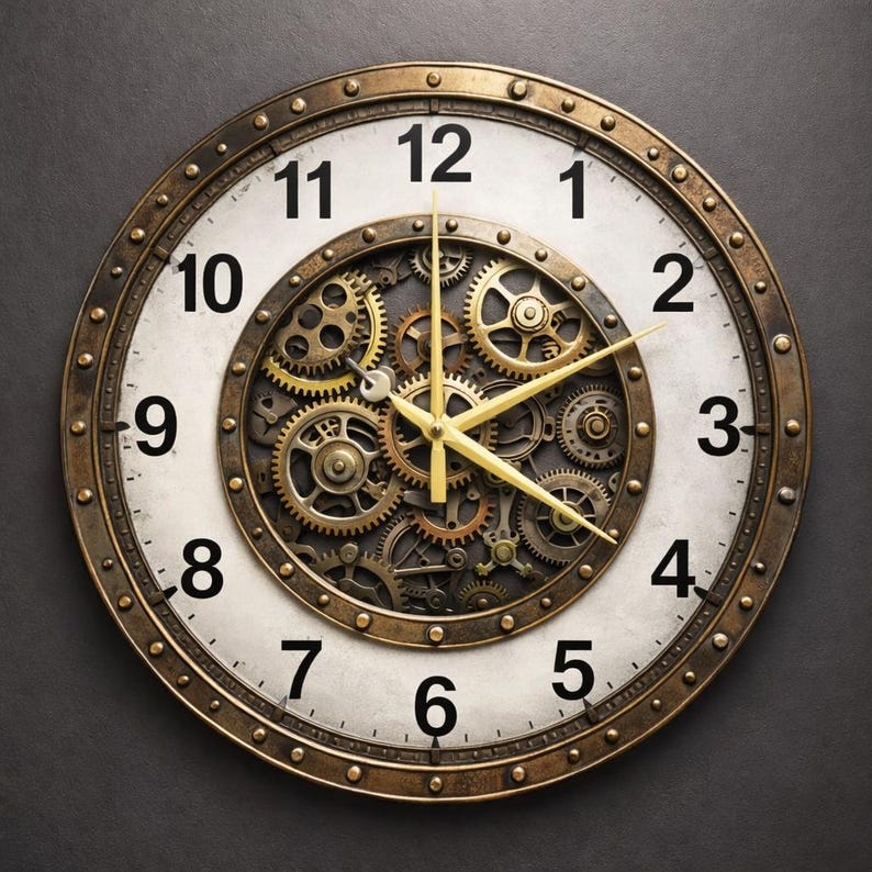 Clock Hand Coloured Rivets Steampunk Glass Wall Clock With Rivet Ring Border - Industrial Gear Art ...