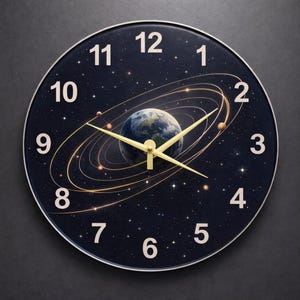 Può includere: Orologio da parete rotondo con quadrante blu scuro raffigurante la Terra, pianeti e anelli dorati. L'orologio ha numeri bianchi e lancette dorate, con una cornice in metallo argentato. Diametro di circa 30 cm.