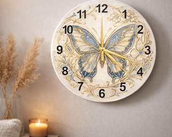 Art Nouveau Butterfly Glass Wall Clock, Elegant Nature Inspired Decor for Bedroom Living Room, Unique Housewarming Gift