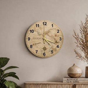 Silk Road Cartography Glass Round Clock, Ancient Trade Route Wall Art, Minimalist Historical Decor, Navigator Gift, 26cm to 51cm Options
