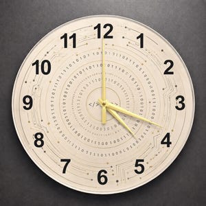 May include: A round wall clock with a cream-colored face featuring black numerals and binary code patterns. The clock hands are a pale yellow. The clock's design incorporates circuit board elements and the code symbol </>.