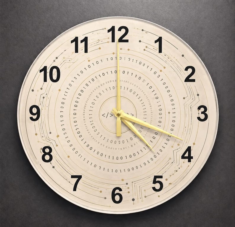 May include: A round wall clock with a cream-colored face featuring black numerals and binary code patterns. The clock hands are a pale yellow. The clock's design incorporates circuit board elements and the code symbol </>.