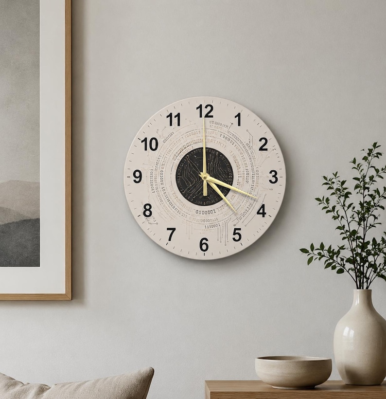May include: A round wall clock with a cream-colored face. The clock features black numerals and a binary code design around the center. The clock hands are gold. The clock is hanging on a light gray wall.