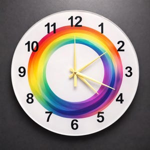 May include: Round wall clock with a white face, black numerals, and yellow hands. The clock face features a vibrant rainbow design in a circular pattern. The clock is a decorative item.