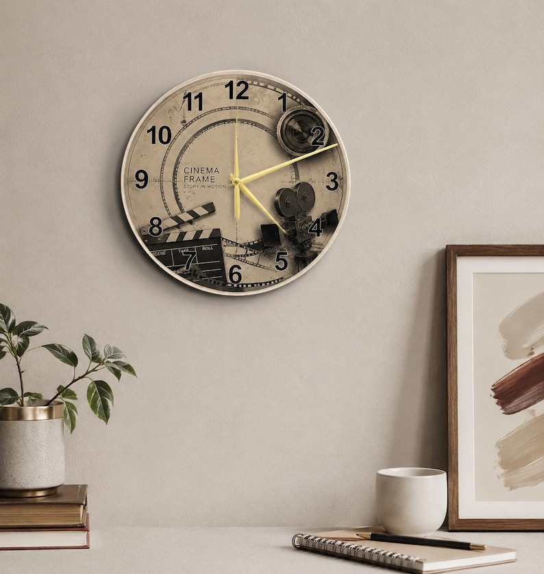 Movie Reference Clock Cinematic Film Frame Glass Wall Clock, Minimalist Videographer Studio ...