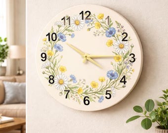 Relógio de parede de vidro com flores de verão, decoração artística nórdica, presente para interiores escandinavos.
