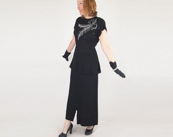 Gorgeous 1940s Long Black Rayon Peplum Dress with Sequined & Beaded Bow