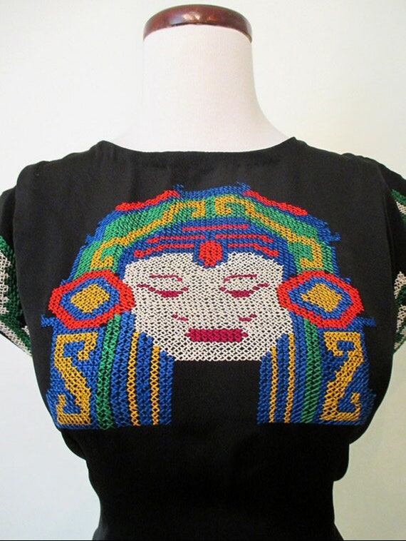 Awesome 1950s Black Crepe Hand Embroidered Aztec … - image 4