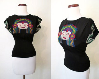 Awesome 1950s Black Crepe Hand Embroidered Aztec Motif Blouse