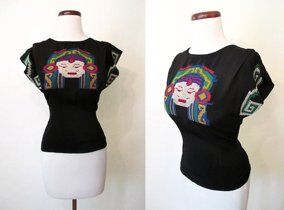 Awesome 1950s Black Crepe Hand Embroidered Aztec … - image 1