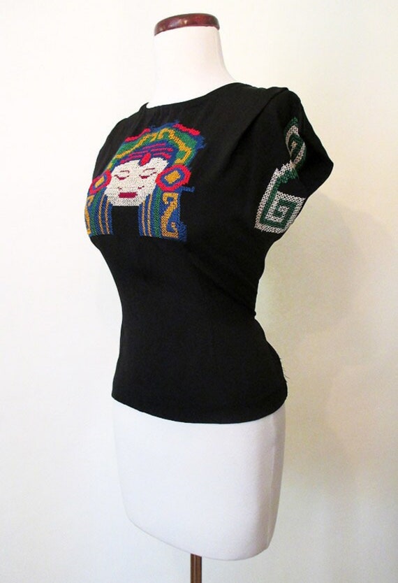 Awesome 1950s Black Crepe Hand Embroidered Aztec … - image 2