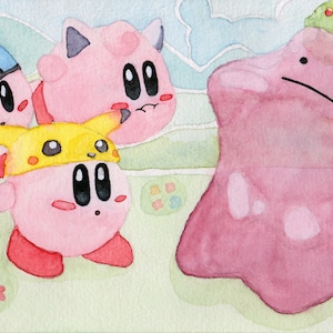 May include: A watercolor painting of three pink cartoon characters with large eyes. The characters are wearing hats and standing in front of a pink, blob-like character with a green tree on its head.