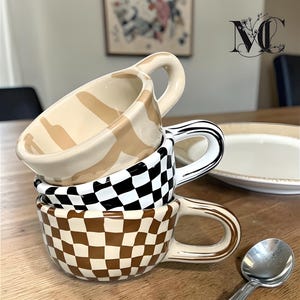 Vintage Checker board Coffee Cup, Korean Style Ceramic Mug, Latte Cappuccino Cup
