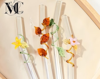 Glass Straw Set of 4 Reusable Bent Straws Floral Design Drinking Straws Clear Drinkware