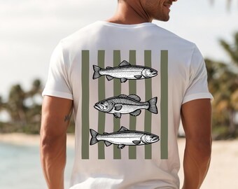 Three Fish Striped Shirt, Fishing Graphic Tee, Angler Gift Shirt, Fisherman Fathers Day Gift, Fish Illustration Tee, Nature Fishing Shirt