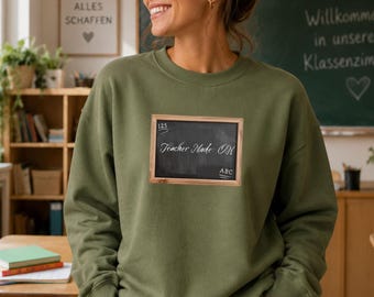 Teacher Mode ON Sweatshirt, Chalkboard Design Sweater, Funny Teacher Gift, Back to School Crewneck, Military Green Teacher Sweatshirt