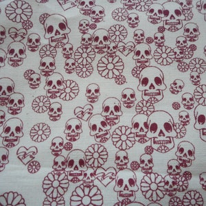 Brand New Burgandy and cream Skulls and Hearts Fabric 100% Cotton 18&quot; x 44&quot;      (Half Yard)