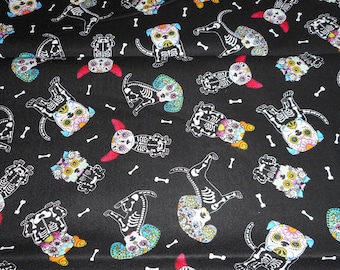 Sugar Skull Dog Fabric, Calavera Puppy Print, 100% Cotton (Half Yard)