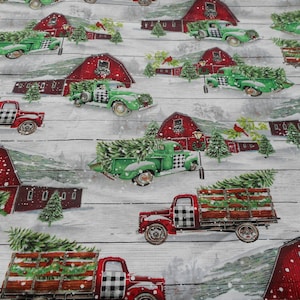 Brand New Christmas Red Truck and Barn 100% Cotton Fabric 18&quot; x 44&quot;                     (Half Yard)